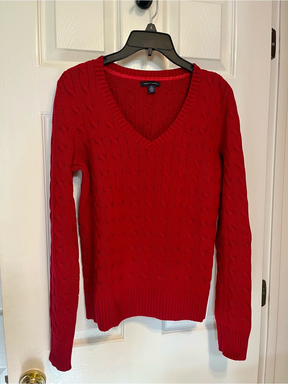 Tommy Hilfiger Red V-Neck Cable Knit Sweater Medium